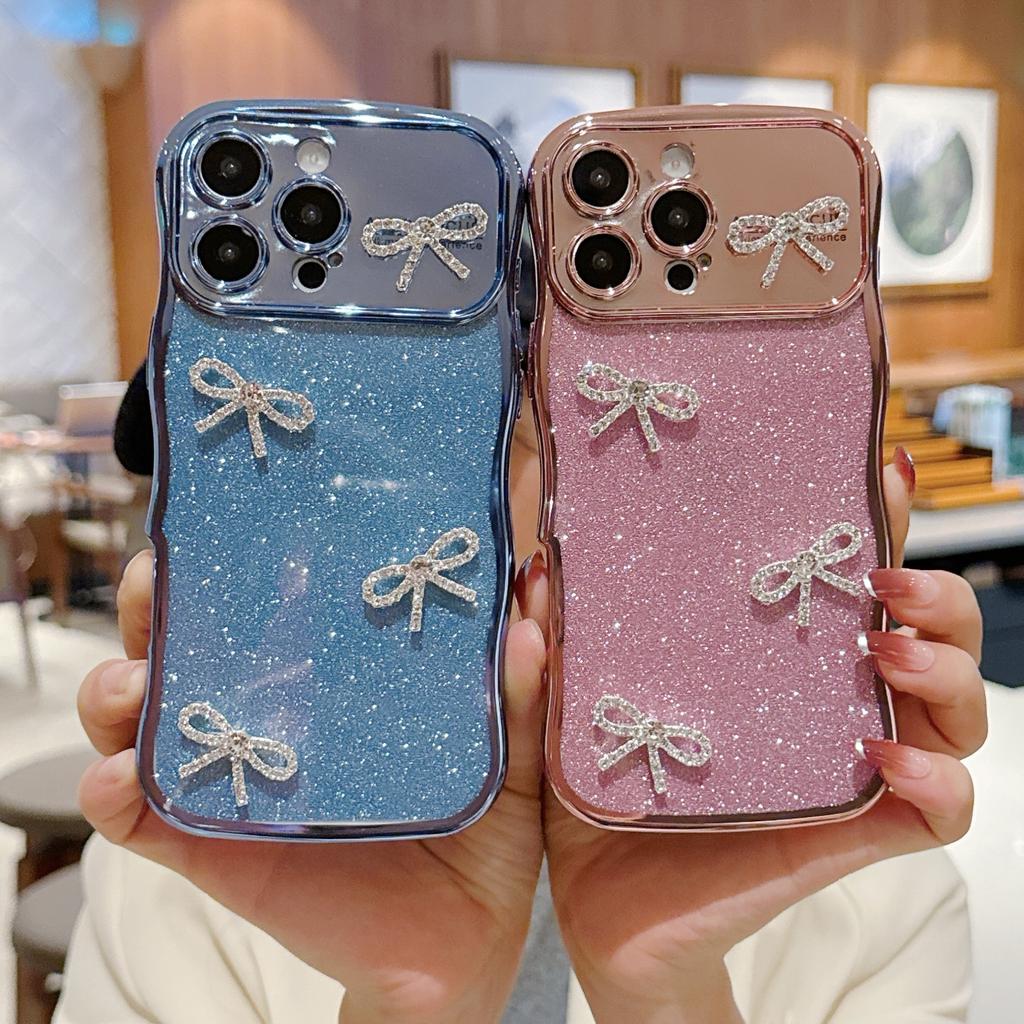 For iPhone 16 Pro Case Electroplated Wavy Frame Glitter TPU Phone Cover with Rhinestone Bow Decor