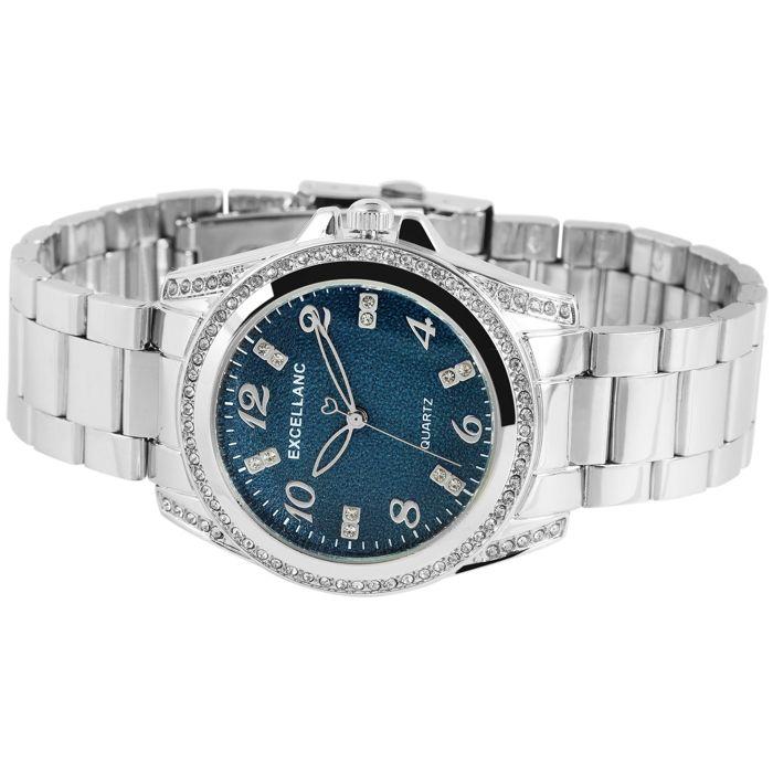 Montre femme - EXCELLANC - EX0420 - Boîtier 39 mm - Cadran bleu - Bracelet métal argenté
