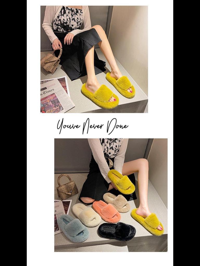 Женские меховые тапочки большого размера 42 - теплые уличные модные слипоны на осень и зиму