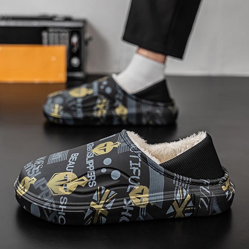 Мужские зимние водонепроницаемые хлопковые тапочки на флисовой подкладке - Большой размер, двойного назначения, с задником, полутапочки для улицы и дома