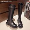 Зимние женские высокие сапоги из натуральной кожи на среднем каблуке, классическая обувь 2025 года, дизайнерские гладиаторы, высокие мотоциклетные ботинки до колена