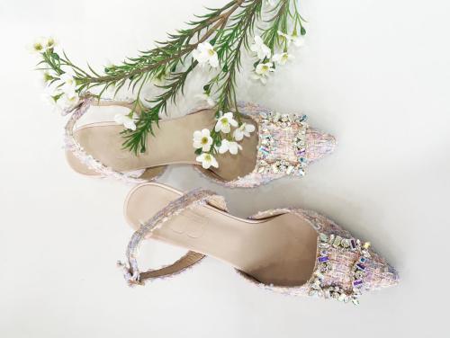 In The Balcony Erin Pink Tweed Stiletto Slingback Pumps 6Cm