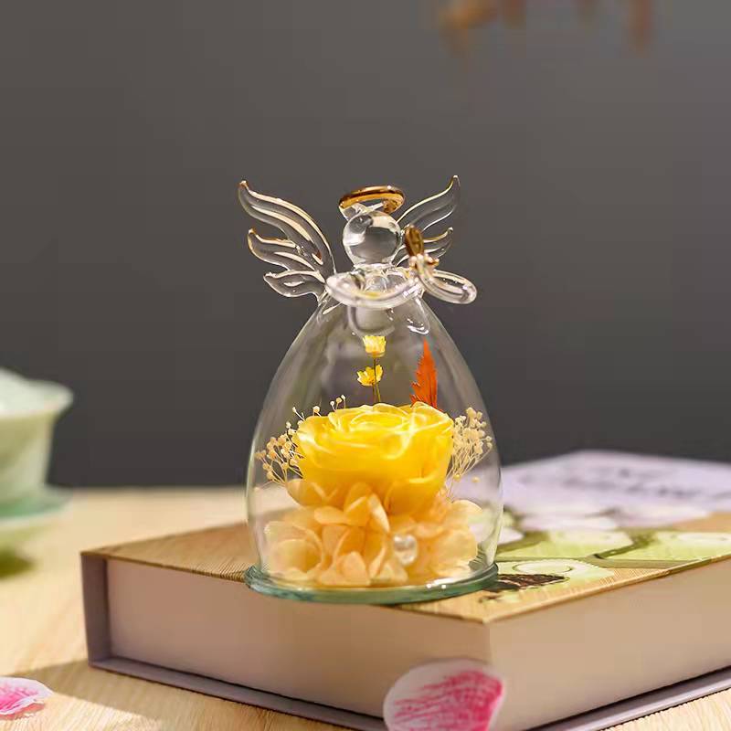 Customized Angel Figurines Glass Dome Real Preserved Rose Flower for Valentine's Day Eternal Forever Roses Flowers