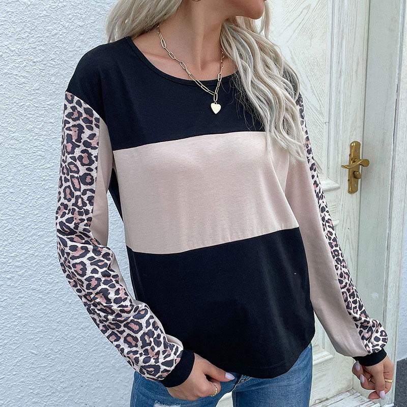 Fashionable and Casual Temperament Autumn Loose Tops Leopard Splicing Long-sleeved T-shirt Female