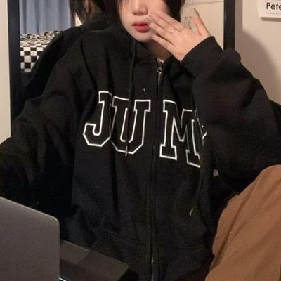 Утолщенная толстовка с капюшоном из бархата с вышитыми надписями, кардиган с капюшоном на молнии, свободная повседневная толстовка с капюшоном для женщин
