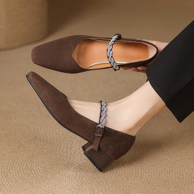 Новые повседневные замшевые туфли-лодочки женские средний каблук большой размер квадратный каблук черный квадратный носок четырехсезонные с пряжкой женские модные туфли-лодочки