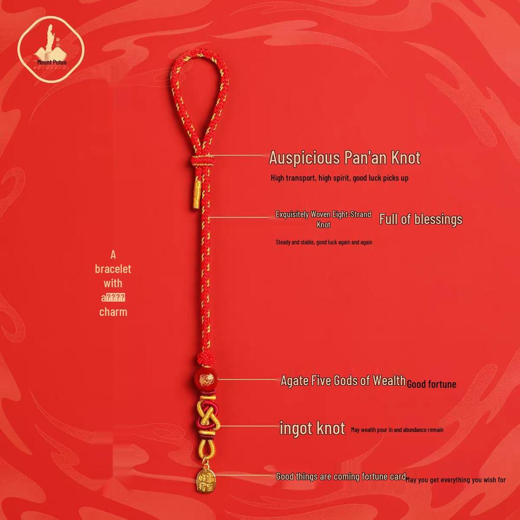 Браслет из агата с горы Путо с Богом Богатства на плетеном шнуре на 2026 год Лошади - Браслет с красной нитью и бусиной на удачу.