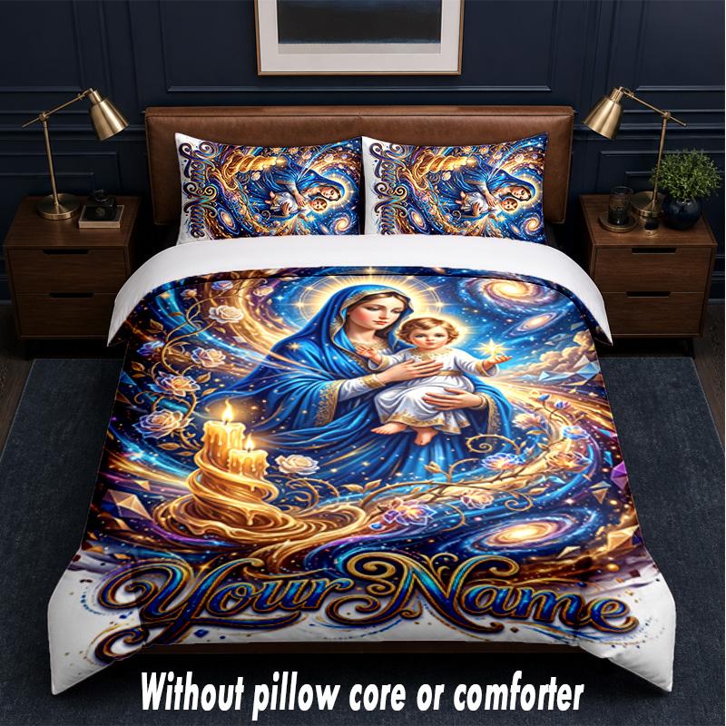 Virgin Mary Theme Custom Text Or Name 3Pcs Bedding Set,1 Flat Sheet & 2 Pillowcases Personalized Home Bedding