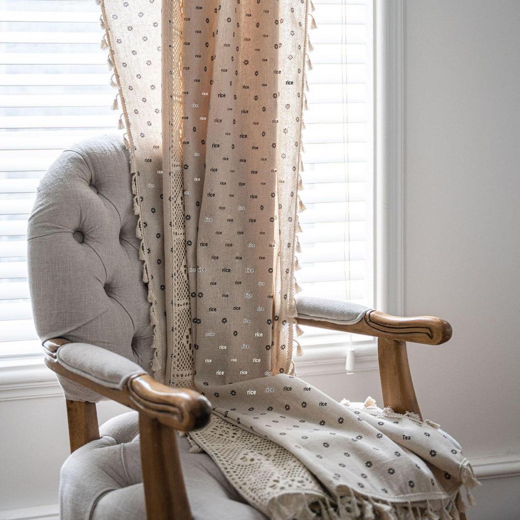 Imanqi Yun Coffee-Beige American Style Kitchen Curtains – Printed, Patchwork, Semi-Blackout with Tassels