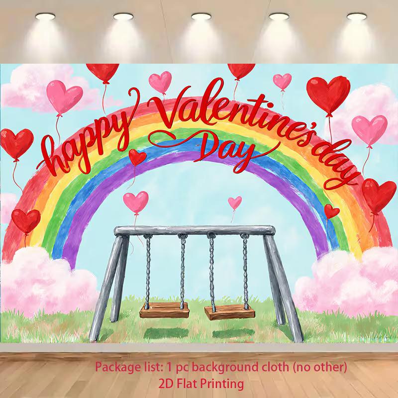 2D Happy Valentine's Day Backdrop Rainbow Heart Balloon Swing Photo Background Banner