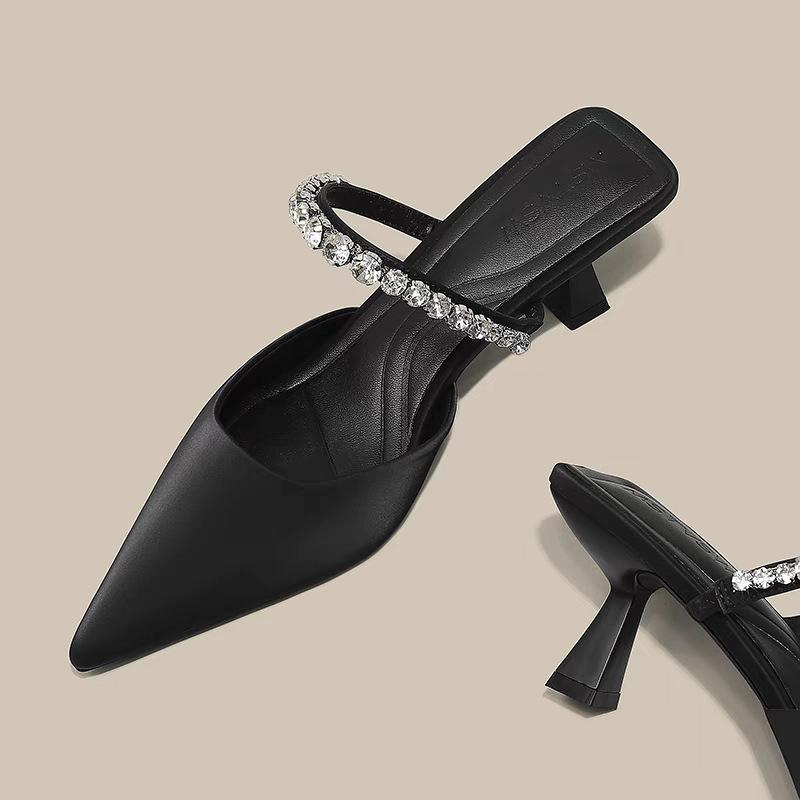 Туфли на низком каблуке со стразами для девочек 2025 года, новые, телесного цвета, французские феи, ветровая сумка, полутапочки, одна педаль, женская обувь