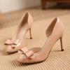 Women's Nude Side-opening High Heels with Stilettos, Beautiful and Elegant Patent Leather Bow Round-toed Single Shoes