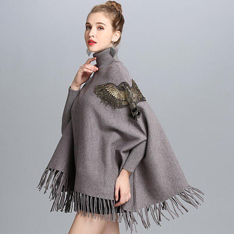 Bat Sleeve Turtleneck Knitted Sweater Poncho Female Fashion Embroidery Tassel Mid-length Sweater Poncho Pullover Women Spring