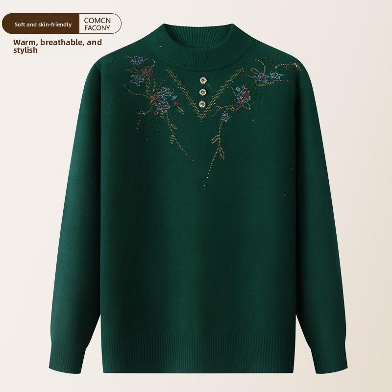 Mother's autumn and winter fleece-lined base shirt, middle-aged and elderly autumn clothing, winter warm sweater, women's top, ladies' knitwear