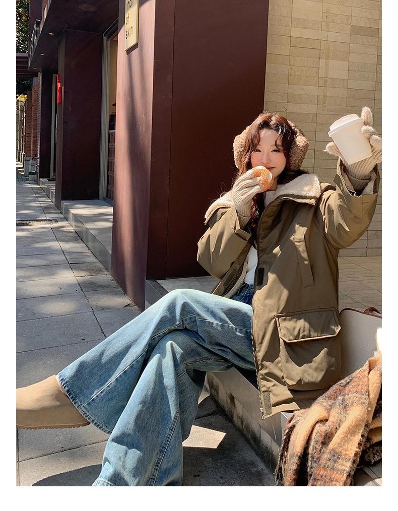 Большие лацканы Парки из утолщенной рабочей ткани с меховой подкладкой Женская куртка
