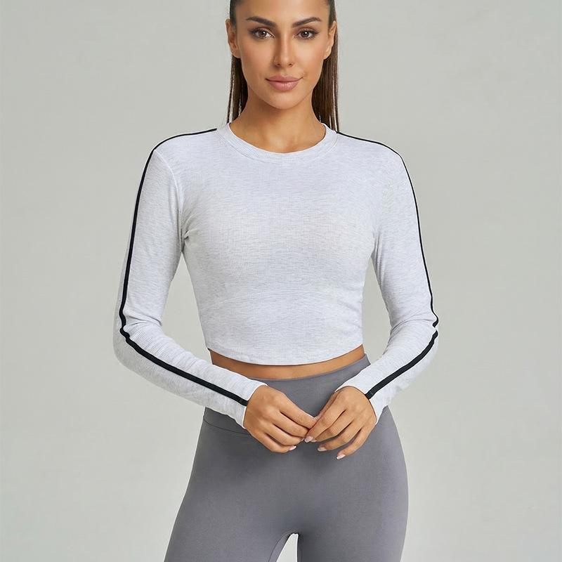Trandon high-elastic sports fitness clothes, tops, nude stripes, sports running, comfortable, breathable, quick-drying, long-sleeved sportswear