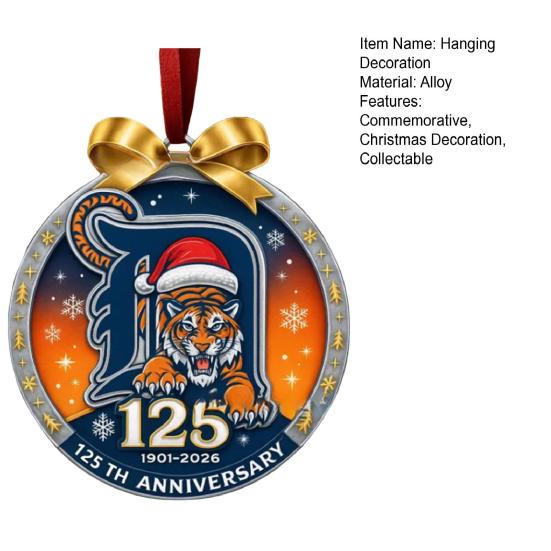 Tiger Team Christmas Decoration Detroit Team 125th Anniversary Hanging Decoration Alloy Ornament with Tiger Logo for Christmas Tree Baseball Fans Gift