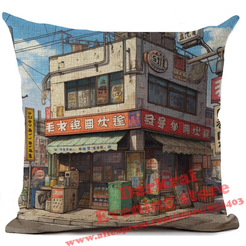 Cartoon Street Corner Linen Cushion Cover Japan Architecture Style Home Decoration Living Room Sofa Throw Pillows Case 45X45Cm