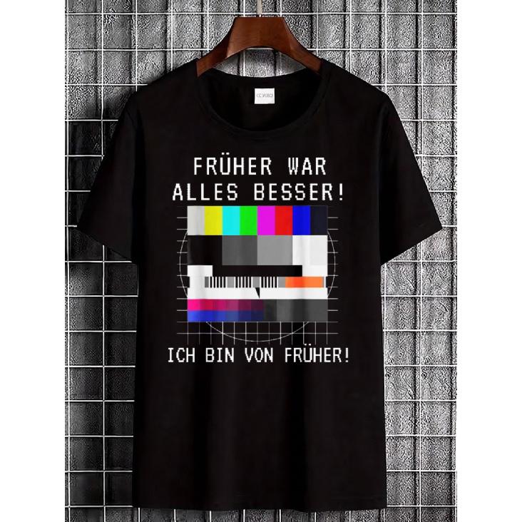 Black T-Shirt with Retro Tv Test Pattern And German Text for Nostalgic Fashion Casual Wear