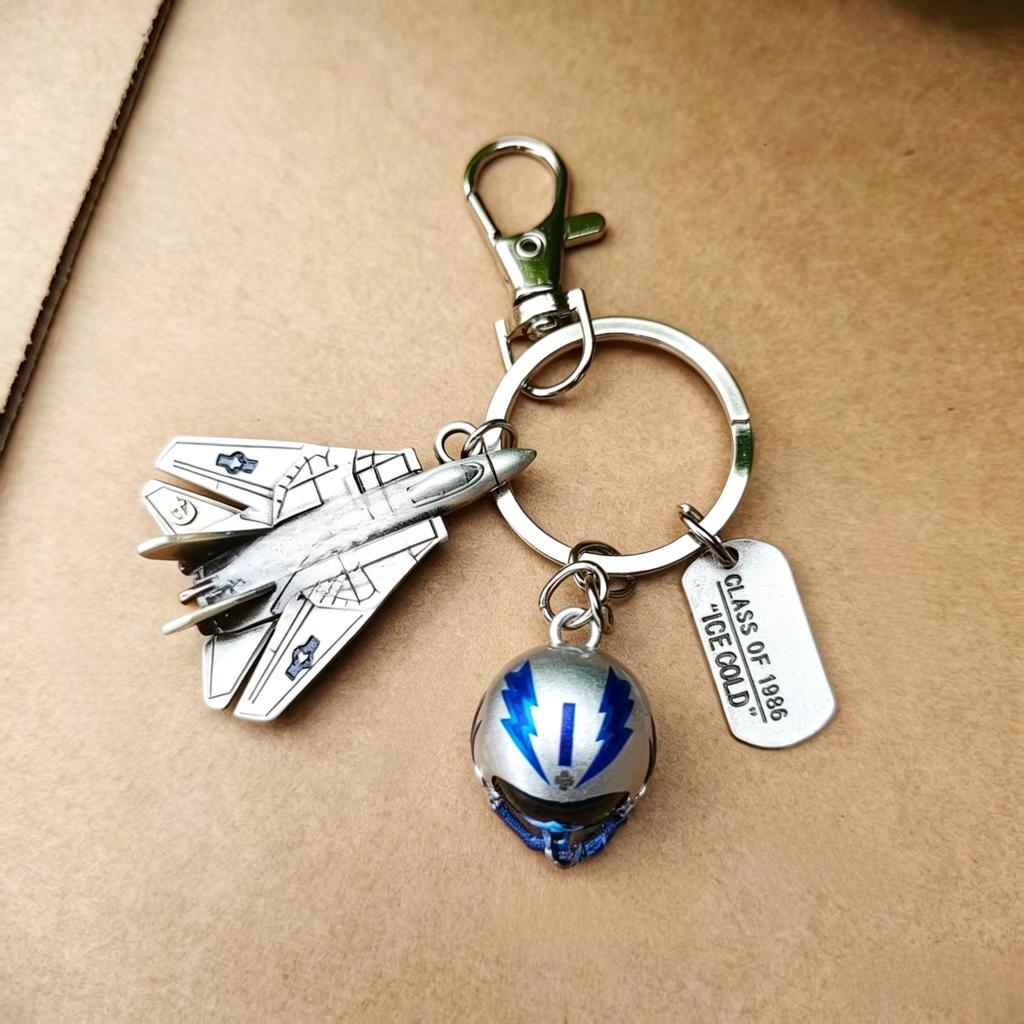 Metal Fighter Jet and Pilot Helmet Keychain Set with Commemorative Tag Durable Alloy Material for Collectors and Aviation Enthusiasts