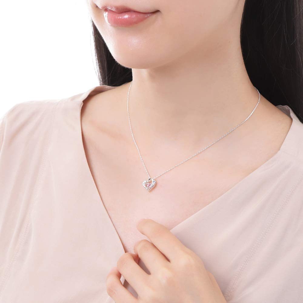 Necklace Heart Feather Dancing Stone Silver Selectable Birthstone [Future Angel] Women's [Baby Pink] (February Amethyst)