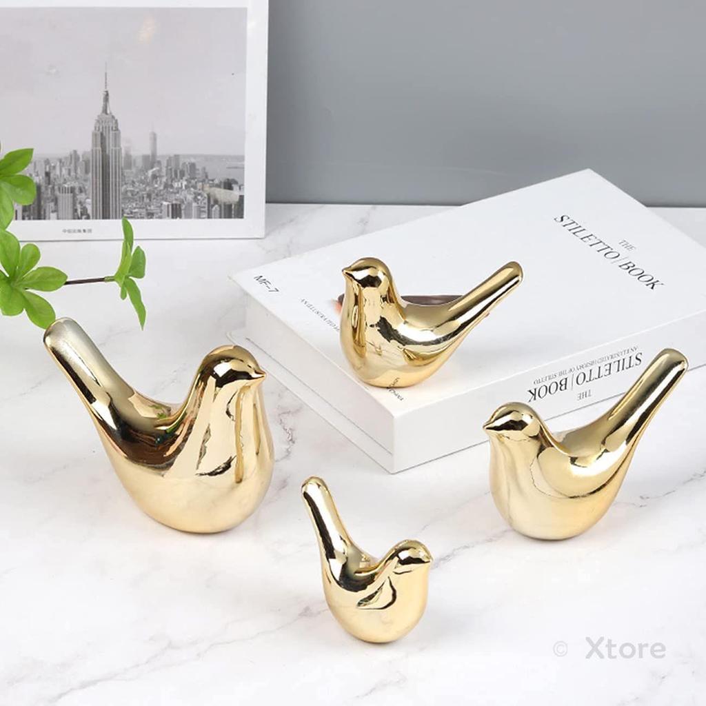 Ceramic Golden Blessing Birds Figurine for Home Decor | Living Room, Bedroom, Office Desk, Cabinets - (Pack of 4, Golden)