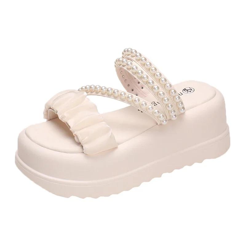 Модные женские босоножки на толстой подошве с жемчужным ремешком 7 см, летние розовые тапочки на толстой танкетке, женские модные розовые кружевные босоножки на платформе Mujer