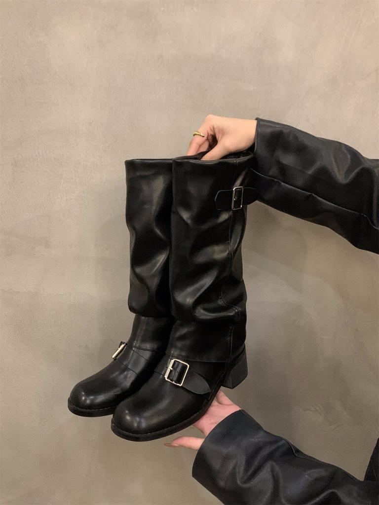 Сапоги-трубы в стиле ретро на высоком каблуке, коричневые длинные рыцарские сапоги, женская обувь 2024 года, новые осенне-зимние брюки средней длины, длинные сапоги-трубы