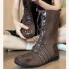 Women Vintage Fall Winter Boots Lace-up Western High Top Shoes Flat Front Lace-Up Side Zipper Anti-Slip Color Matching Mid-Calf