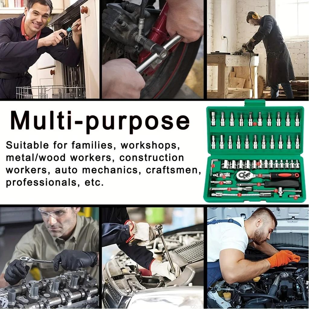Набор из 46 головок для привода, набор гаечных ключей с храповым механизмом 1/4 дюйма, набор метрических шестигранных головок, набор инструментов для механика для авторемонта