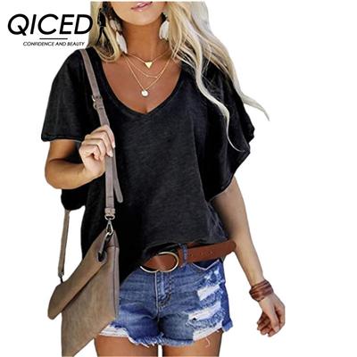 Весенне-летняя женская однотонная футболка с короткими рукавами и рукавами лотоса, свободный топ с V-образным вырезом