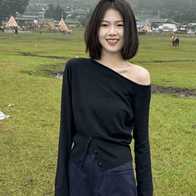 Модные вязаные свитера с открытыми плечами и длинными рукавами, осенние, нерегулярные, косые, сексуальные, вязаные женские свитера с разрезами, зимние, тонкие, повседневные, пуловеры 25351