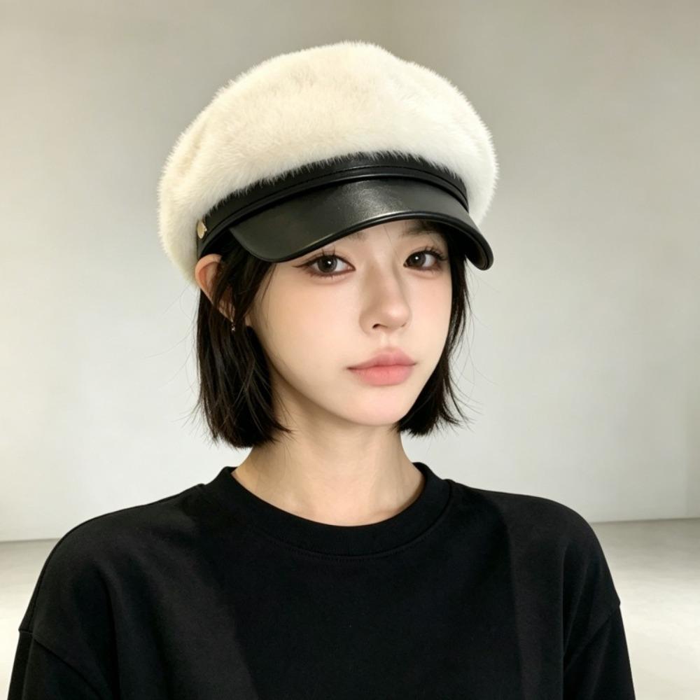 Adjustable Newsboy Cap Faux Mink Fur Navy Hat Vintage Style Faux Fur Hat Winter Daily