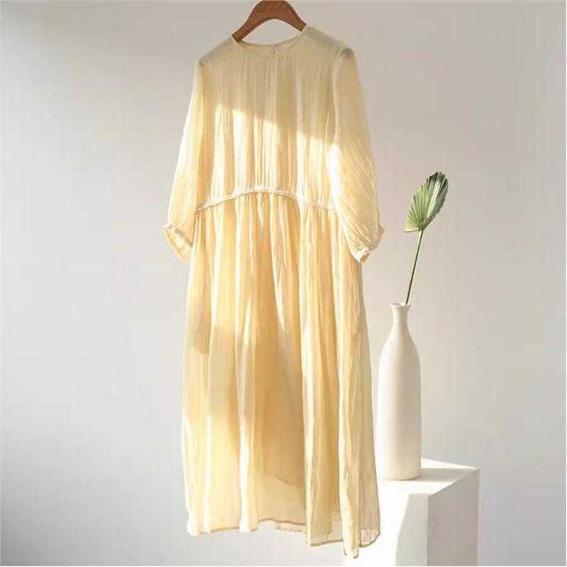 Johnature Винтажное платье с круглым вырезом и длиной три четверти, свободное платье А-силуэта, женское, осеннее, однотонное, с круглым вырезом и рукавами-фонариками