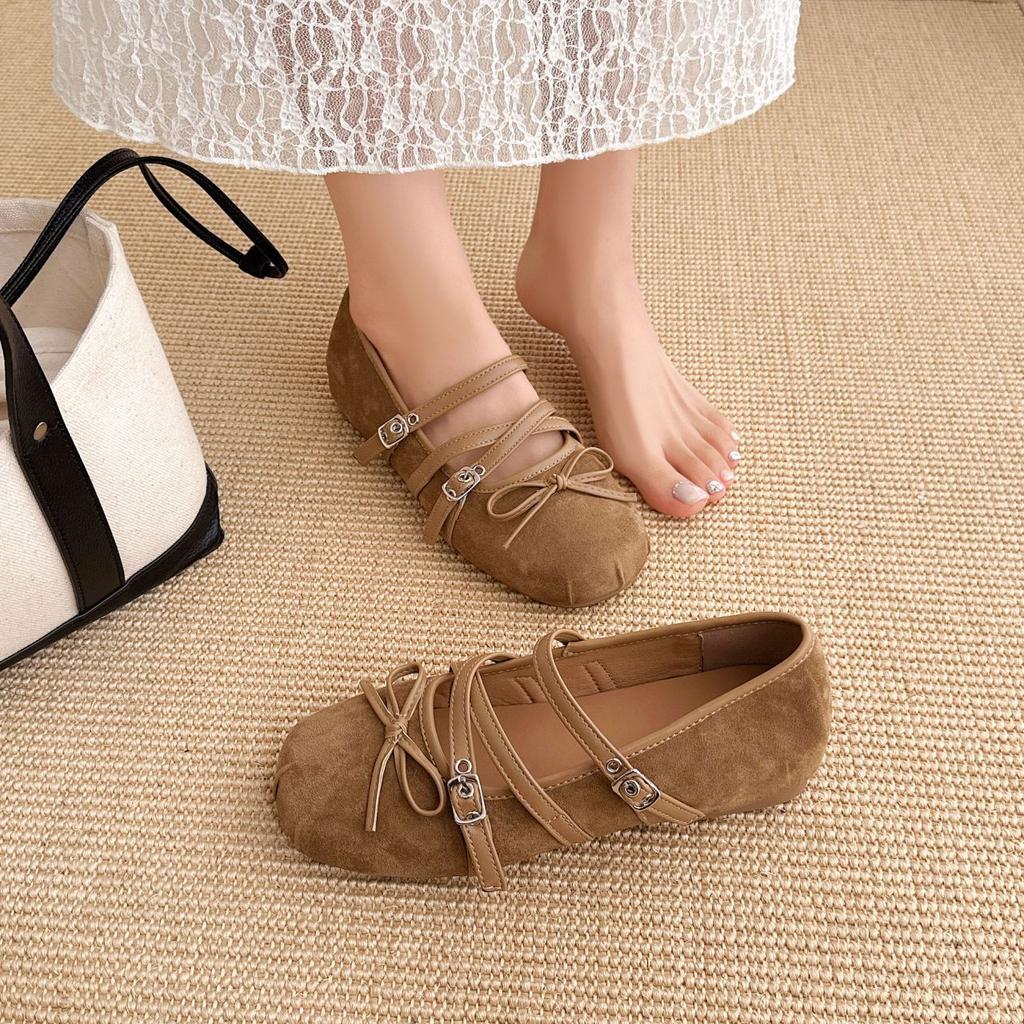 Retro suede flat Mary Jane shoes women's spring and autumn new light-mouth bow soft-soled ballet shoes