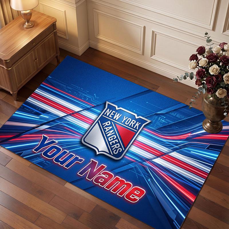 New York Rangers Personalized Crystal Velvet Carpet, Customized Name Text Soft Anti‑Slip Rug for Living Room Bedroom
