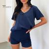 2 шт./комплект женский футболка шорты комплект костюм V-образный вырез короткий рукав однотонный свободный топ высокая талия мини шорты спортивный наряд повседневный спортивный костюм