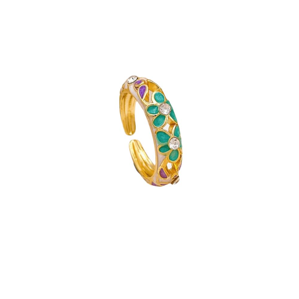 Hollow Out Vintage Geometric Rings Engraved Gold Plated Ring Colorful Enamel Flower Rings Female