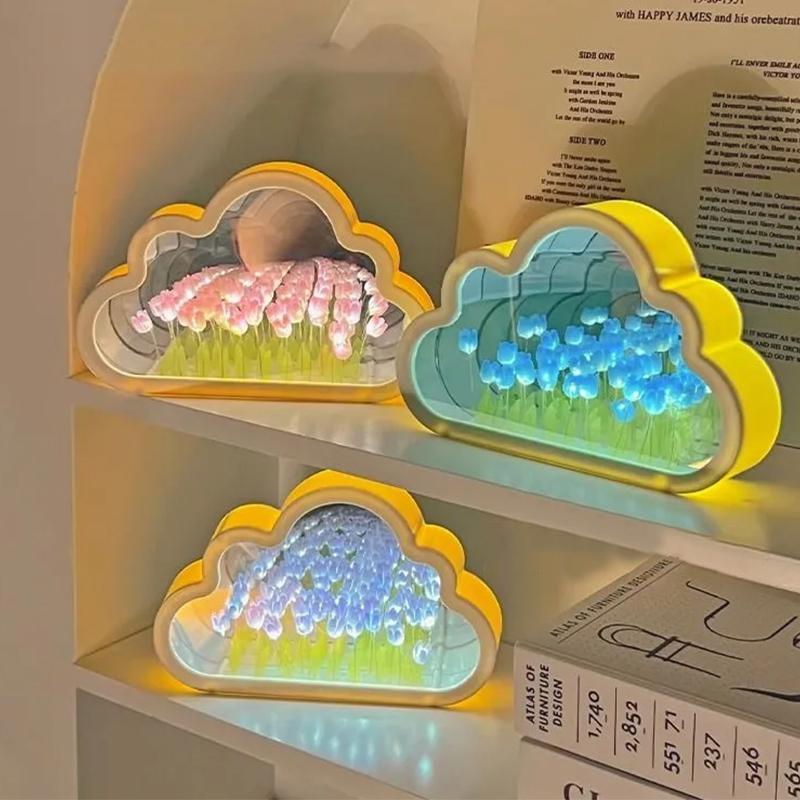 DIY Cloud Tulip LED Night Light Creative Sea of Flowers Night Lamp Mirror Table Lamps Atmosphere Light Gift Birthday Home Decor