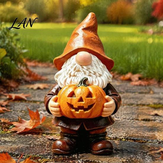 Unique Outdoor Garden Decor Halloween Gnome Statue, Faceless Holding Pumpkin Sculpture, Fall Figurine Waterproof Resin Statue for Porch Yard Autumn