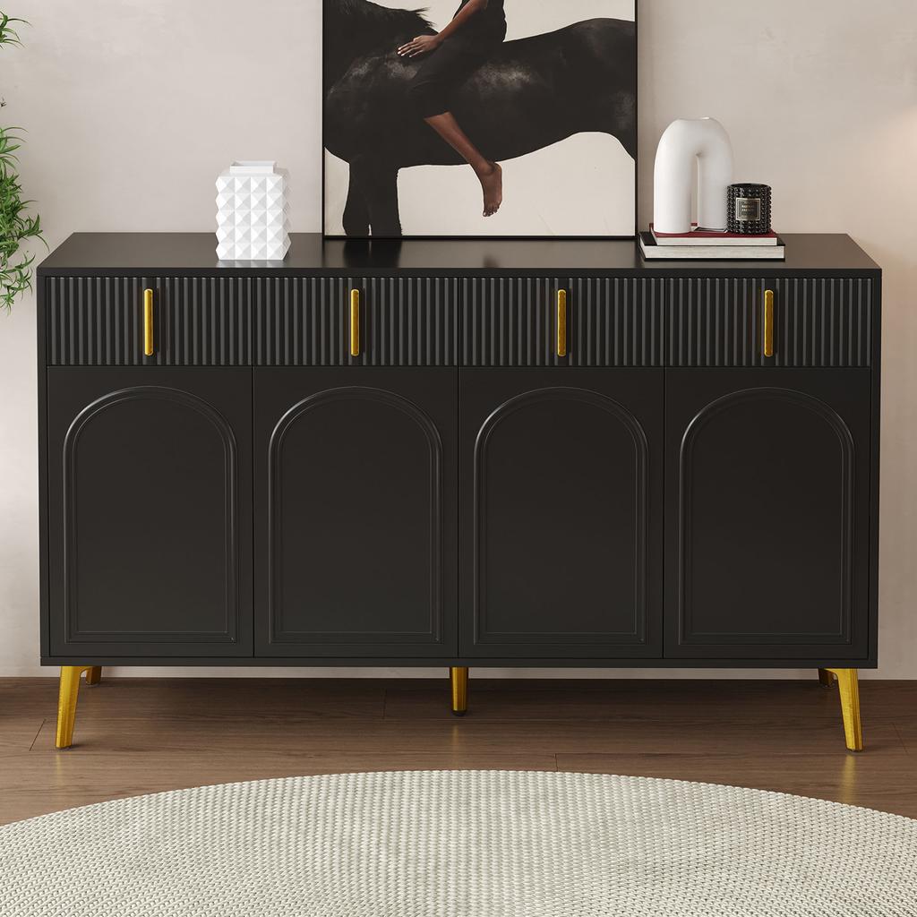 Sideboard with Golden Handles and Legs, 4 Doors, 4 Drawers, with Removable Laminate, Suitable for Living and Dining Room, 140*38*82 cm.