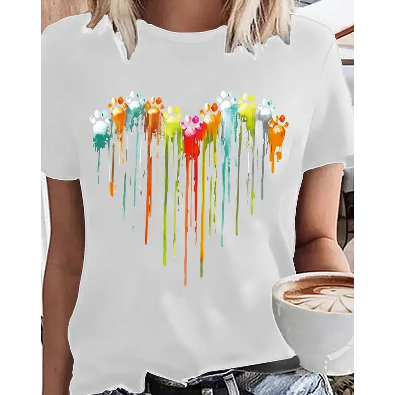 Женская летняя футболка Ретро мода Футболки с коротким рукавом Повседневные красочные топы с принтом «Любовь»