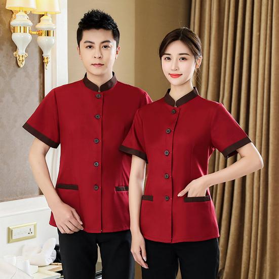 Hotel Housekeeping Uniform Women Slim Fit Top Stand Collar Short Sleeve Single Breasted Pockets Work Uniform Tops