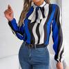 Fashion Women Long Sleeve Blouse Stripe Print Bow Collar Shirt Spring Autumn Top Temperament