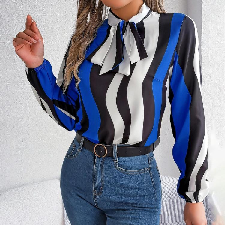 Fashion Women Long Sleeve Blouse Stripe Print Bow Collar Shirt Spring Autumn Top Temperament
