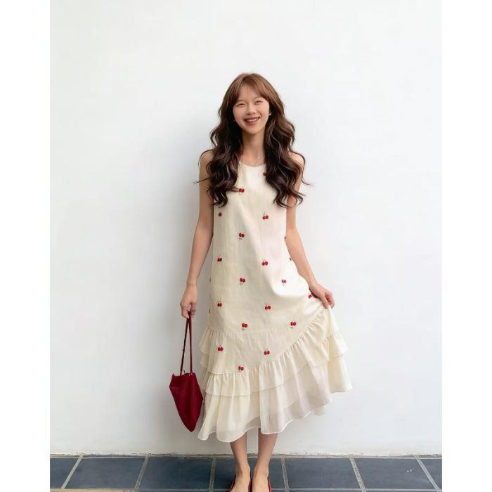 Summer new sweet floral temperament French sleeveless vest mesh splicing long dress dress women
