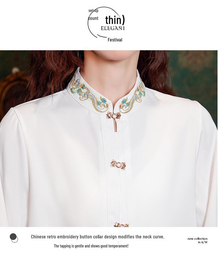 Women's Stand-Up Collar Shirt with Chinese Embroidery, Zen Style Long-Sleeve Top for Spring and Autumn.