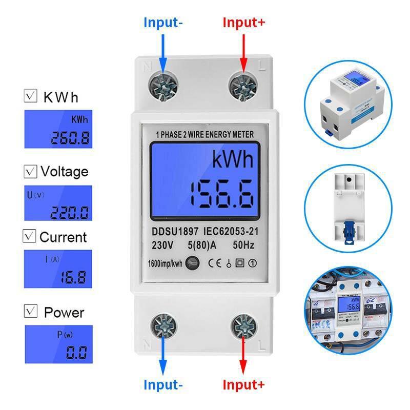 35mm LCD Display Din Rail Energy Meter AC 230V 5(80) A 50HZ/60HZ Power Meter Rail-Type Energy Meter