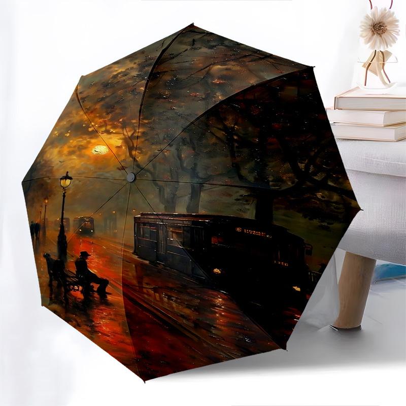 Streetcar Sunset Misty Evening Themed Automatic Opening and Closing Umbrella, Brightly Colored 8 rib Portable Umbrella, Suitable for Men and