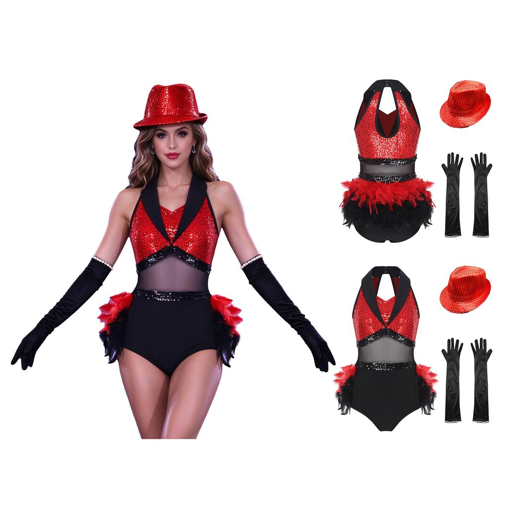 Women Sleeveless Jazz Dance Leotard Glitter Sequin Bodice Feather Trim with Satin Gloves and Hat for Stage Competition Dancewear